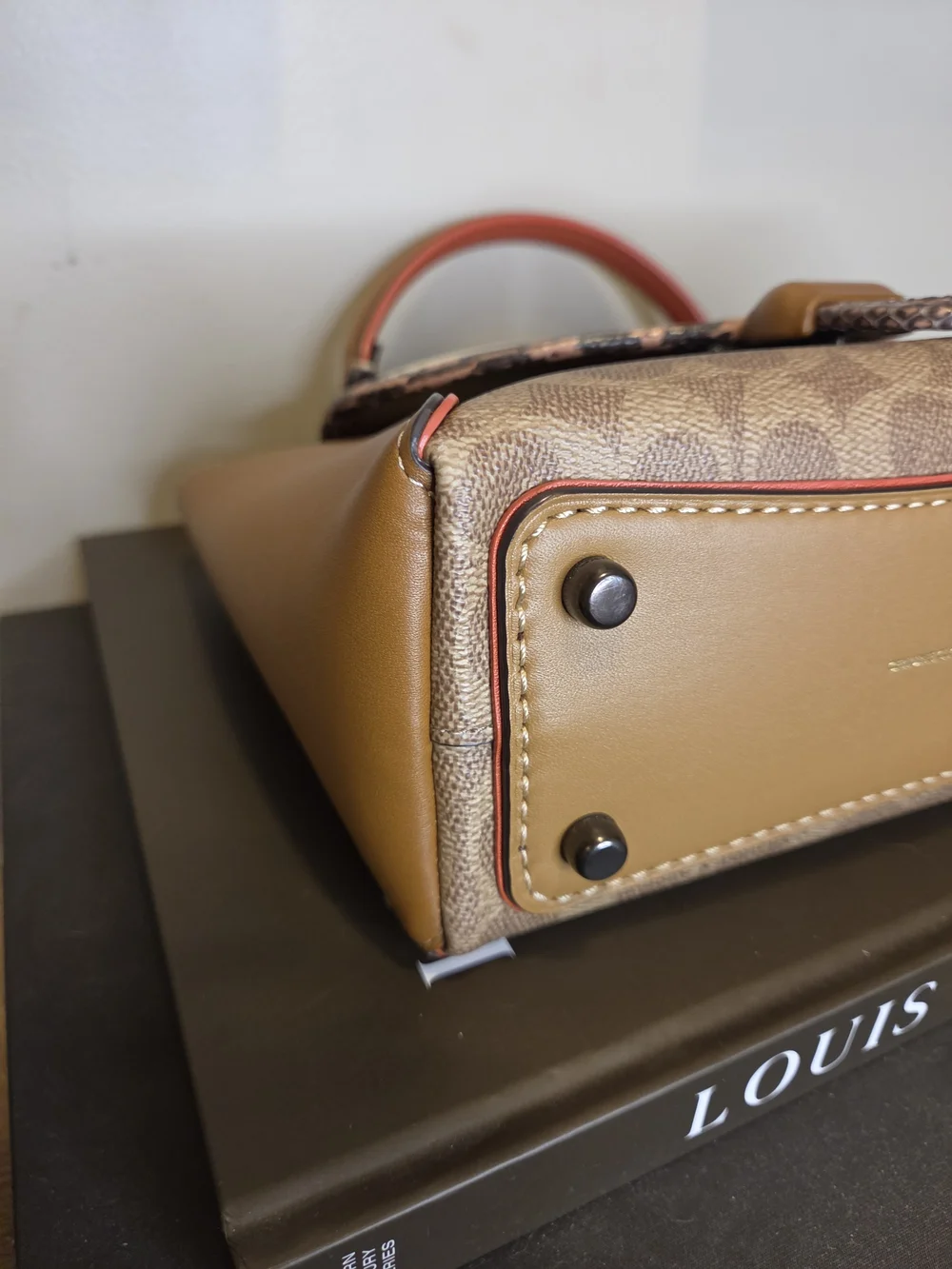 Coach Leather and Signature Canvas Top-Handle Satchel in Cream & Tan